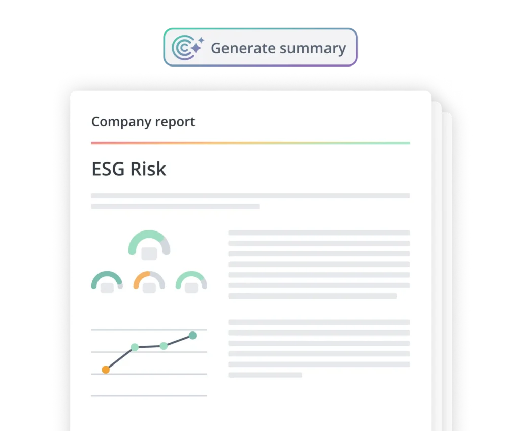 Überschrift ohne Schaltfläche: Ein mehrseitiger Bericht mit dem Titel „ESG-Risiko“, mit Diagrammen und einer pastellfarbenen Zierlinie, die sich über die Ecken der Seite zieht, sowie einem Bereich „Zusammenfassung erstellen“ darüber.