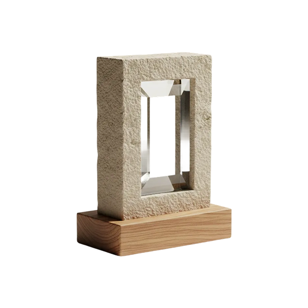 Bloc rectangulaire d'aspect pierreux, comportant un encadrement métallique en retrait pour fenêtre ou porte, monté sur un socle en bois ; échantillon de construction exposé