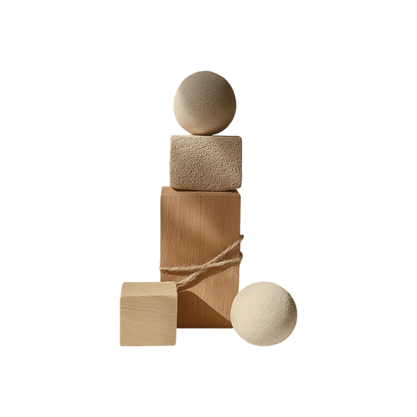 Une tour composée de blocs de bois naturel, surmontée d'une boule ronde ; une autre boule repose sur le sol à côté de la pile.