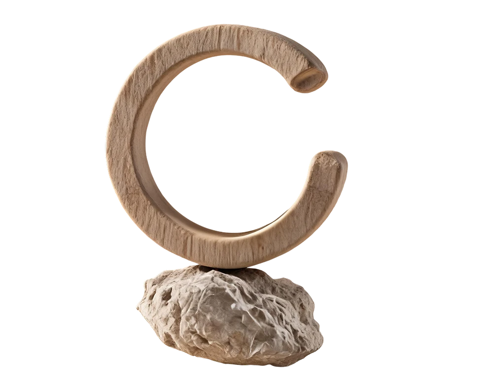Grande lettre « C » en bois posée sur un socle en pierre brute.