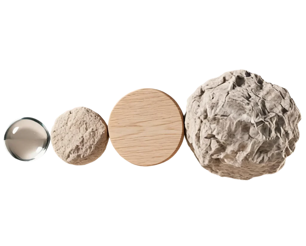 Une rangée d'objets circulaires alignés : une sphère métallique brillante, une boule de sable beige, un disque de bois clair et un gros rocher texturé — de gauche à droite.
